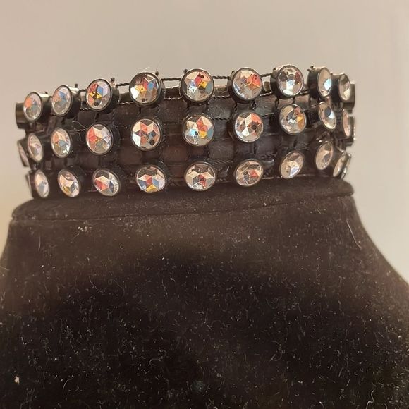 8” Retro 1990s black leather cuff bracelet & 78 bezel set studded crystals - Picture 2 of 9